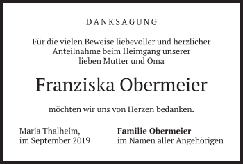 Traueranzeige von Franziska Obermeier von merkurtz