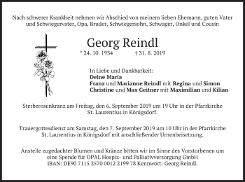 Traueranzeige von Georg Reindl von merkurtz
