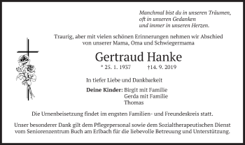 Traueranzeige von Gertraud Hanke von merkurtz