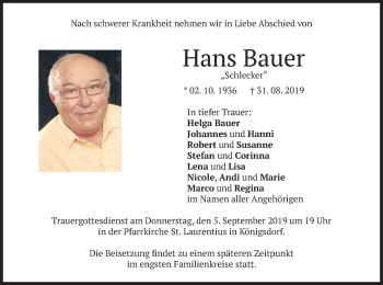 Traueranzeige von Hans Bauer von merkurtz