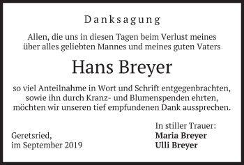 Traueranzeige von Hans Breyer von merkurtz