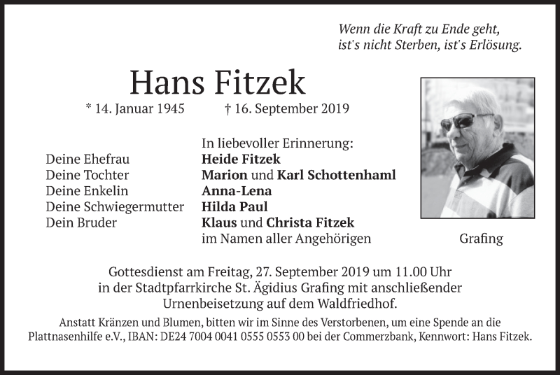  Traueranzeige für Hans Fitzek vom 21.09.2019 aus merkurtz