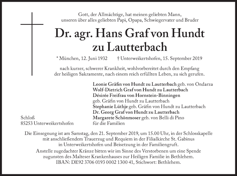  Traueranzeige für Hans Graf von Hundt zu Lauterbach vom 18.09.2019 aus merkurtz