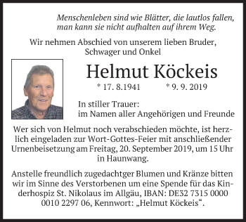 Traueranzeige von Helmut Köckeis von merkurtz