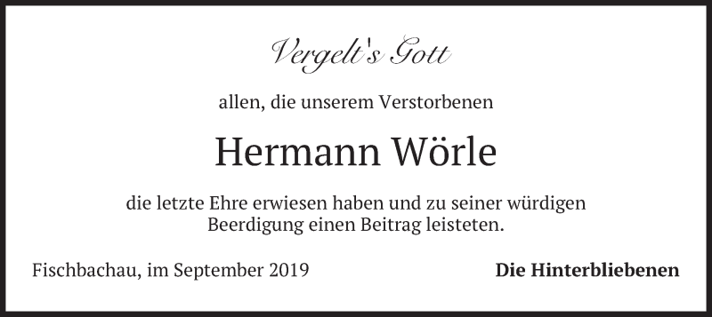  Traueranzeige für Hermann Wörle vom 14.09.2019 aus merkurtz
