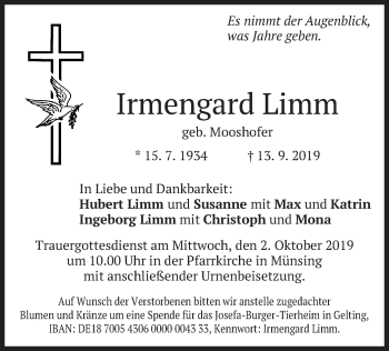 Traueranzeige von Irmengard Limm von merkurtz