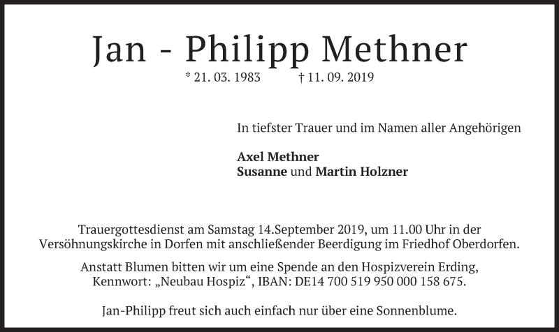  Traueranzeige für Jan-Philipp  Methner vom 13.09.2019 aus merkurtz