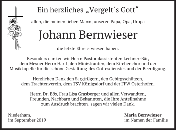 Traueranzeige von Johann Bernwieser von merkurtz