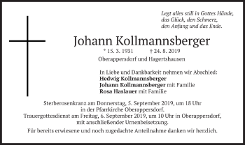 Traueranzeige von Johann Kollmannsberger von merkurtz