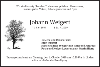 Traueranzeige von Johann Weigert von merkurtz