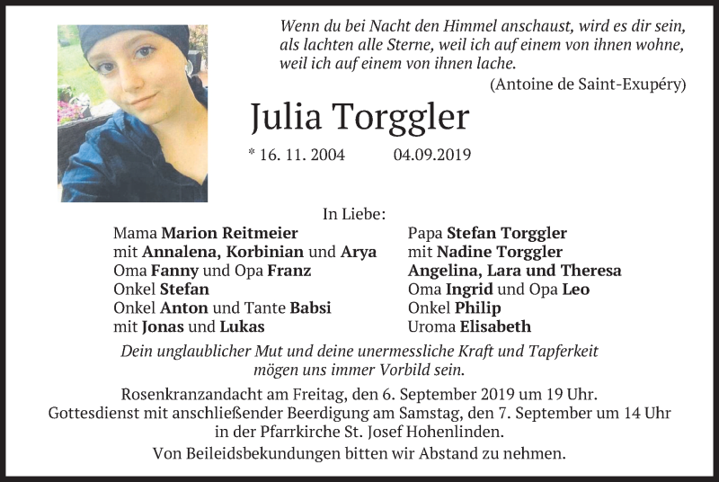  Traueranzeige für Julia Torggler vom 06.09.2019 aus merkurtz