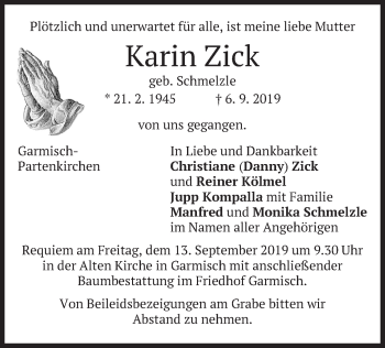 Traueranzeige von Karin Zick von merkurtz