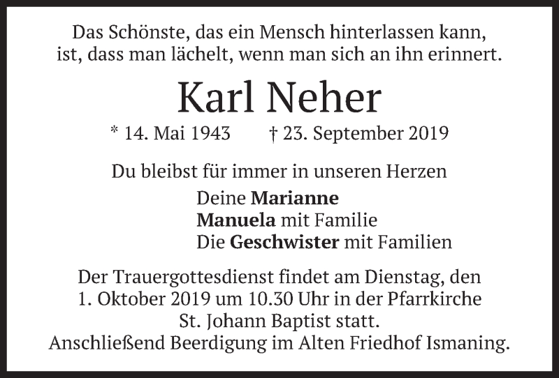  Traueranzeige für Karl Neher vom 27.09.2019 aus merkurtz