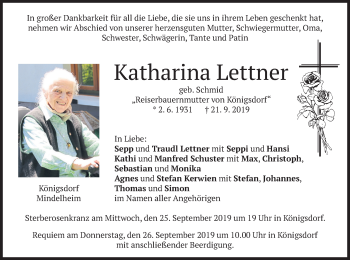 Traueranzeige von Katharina Lettner von merkurtz