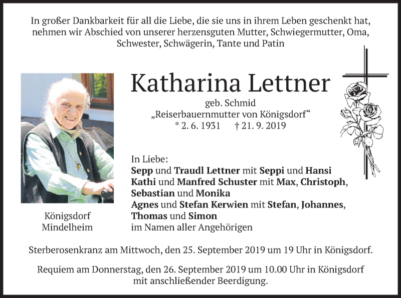  Traueranzeige für Katharina Lettner vom 24.09.2019 aus merkurtz