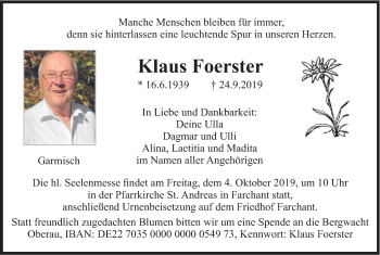 Traueranzeige von Klaus Foerster von merkurtz