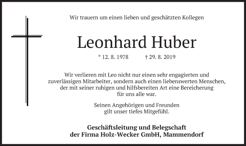  Traueranzeige für Leonhard Huber vom 09.09.2019 aus merkurtz