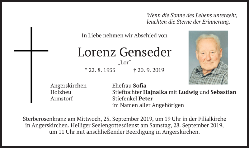  Traueranzeige für Lorenz Genseder vom 24.09.2019 aus merkurtz