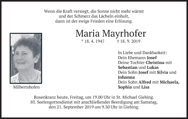  Traueranzeige für Maria Mayrhofer vom 20.09.2019 aus merkurtz