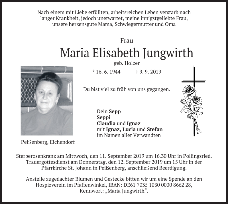 Traueranzeige für Maria Elisabeth Jungwirth vom 10.09.2019 aus merkurtz