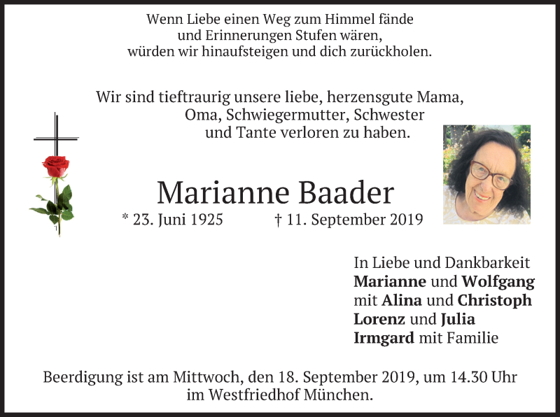  Traueranzeige für Marianne Baader vom 14.09.2019 aus merkurtz