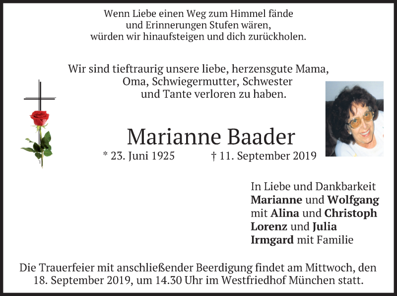  Traueranzeige für Marianne Baader vom 17.09.2019 aus merkurtz