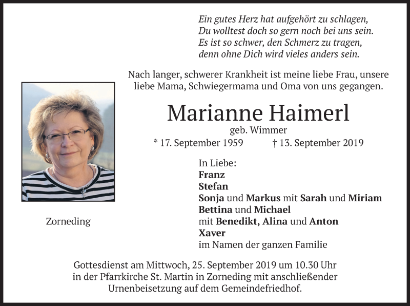  Traueranzeige für Marianne Haimerl vom 21.09.2019 aus merkurtz