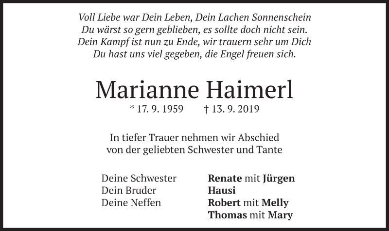  Traueranzeige für Marianne Haimerl vom 21.09.2019 aus merkurtz