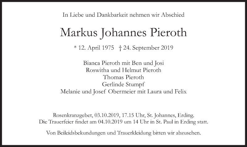  Traueranzeige für Markus Johannes Pieroth vom 28.09.2019 aus merkurtz