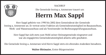 Traueranzeige von Max Sappl von merkurtz