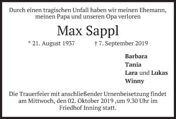 Traueranzeige von Max  Sappl von merkurtz
