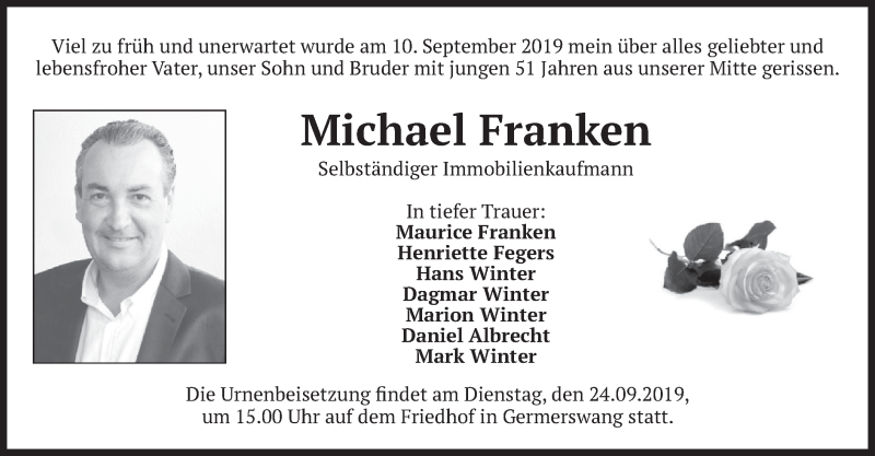  Traueranzeige für Michael Franken vom 20.09.2019 aus merkurtz
