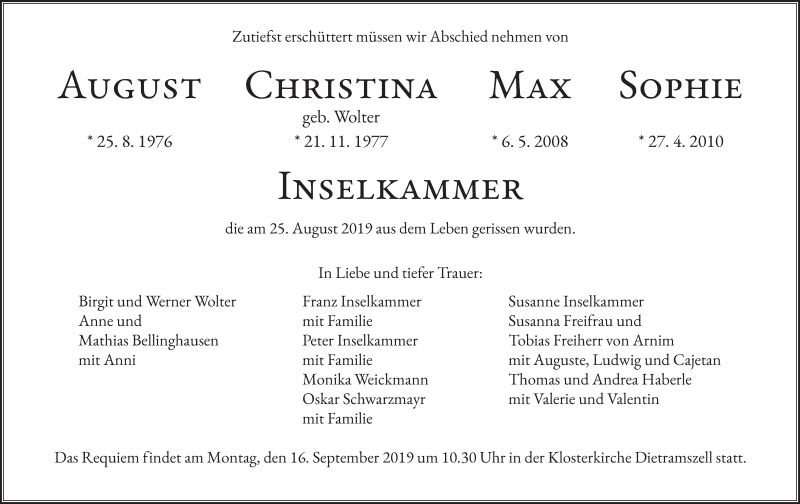  Traueranzeige für August, Christina, Max, Sophie Inselkammer vom 07.09.2019 aus merkurtz