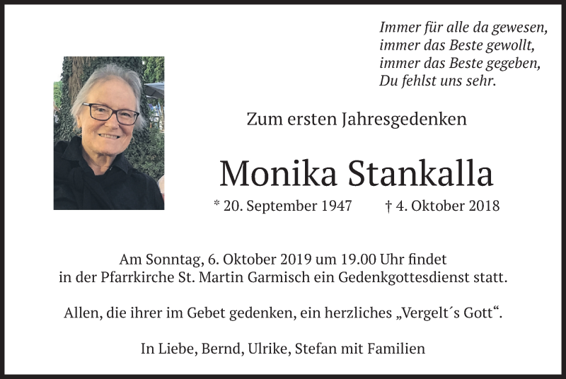  Traueranzeige für Monika Stankalla vom 28.09.2019 aus merkurtz