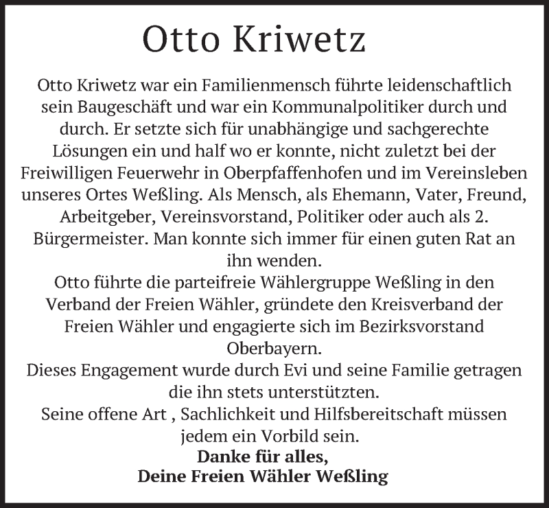  Traueranzeige für Otto Kriwetz vom 11.09.2019 aus merkurtz