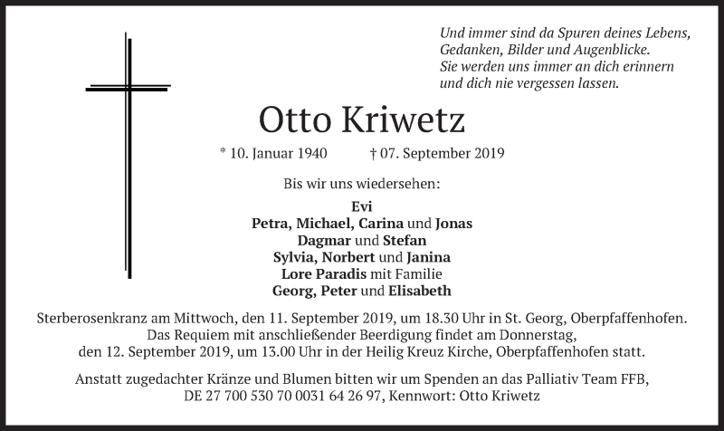  Traueranzeige für Otto Kriwetz vom 10.09.2019 aus merkurtz