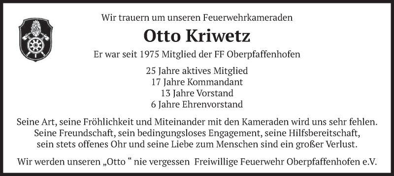  Traueranzeige für Otto Kriwetz vom 11.09.2019 aus merkurtz