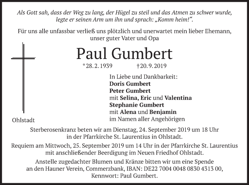  Traueranzeige für Paul Gumbert vom 23.09.2019 aus merkurtz