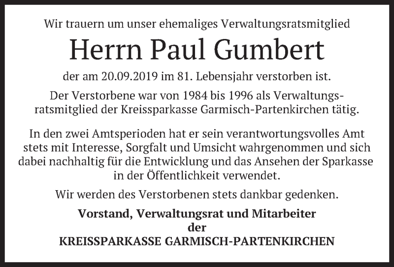  Traueranzeige für Paul Gumbert vom 24.09.2019 aus merkurtz