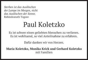 Traueranzeige von Paul Koletzko von merkurtz