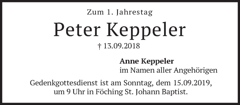  Traueranzeige für Peter Keppeler vom 13.09.2019 aus merkurtz