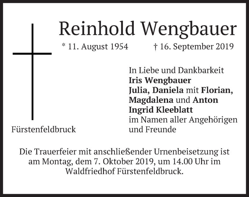  Traueranzeige für Reinhold Wengbauer vom 28.09.2019 aus merkurtz
