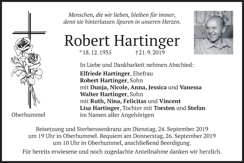  Traueranzeige für Robert Hartinger vom 23.09.2019 aus merkurtz