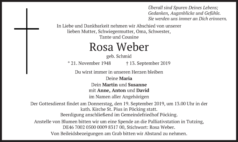  Traueranzeige für Rosa Weber vom 16.09.2019 aus merkurtz