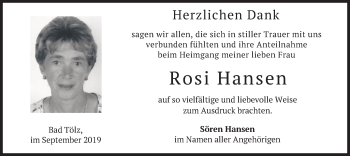 Traueranzeige von Rosi Hansen von merkurtz