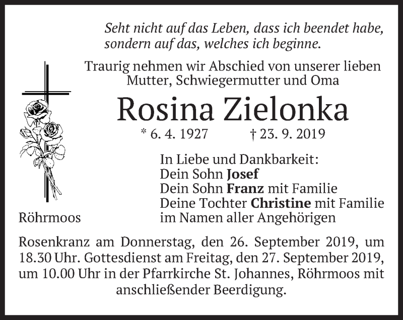  Traueranzeige für Rosina Zielonka vom 25.09.2019 aus merkurtz