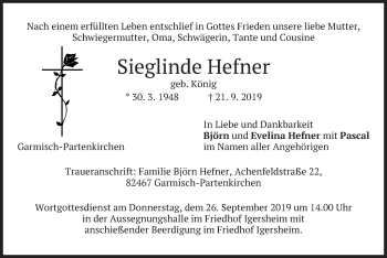 Traueranzeige von Sieglinde Hefner von merkurtz
