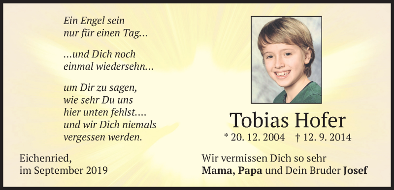  Traueranzeige für Tobias Hofer vom 12.09.2019 aus merkurtz