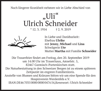 Traueranzeige von Ulrich Schneider von merkurtz