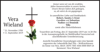 Traueranzeige von Vera Wieland von merkurtz